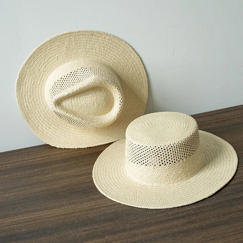 Fashion Women Beige Straw Fedora Hats Ladies Wide Brim Summer Hat Hand Woven Hollow Straw Sun Hat for Derby Travel Beach Hat 250409