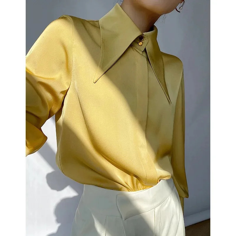 Elegant satin silk womens shirt Spring and Autumn retro collar womens shirt White office womens shirt Top Blue 16946 250409