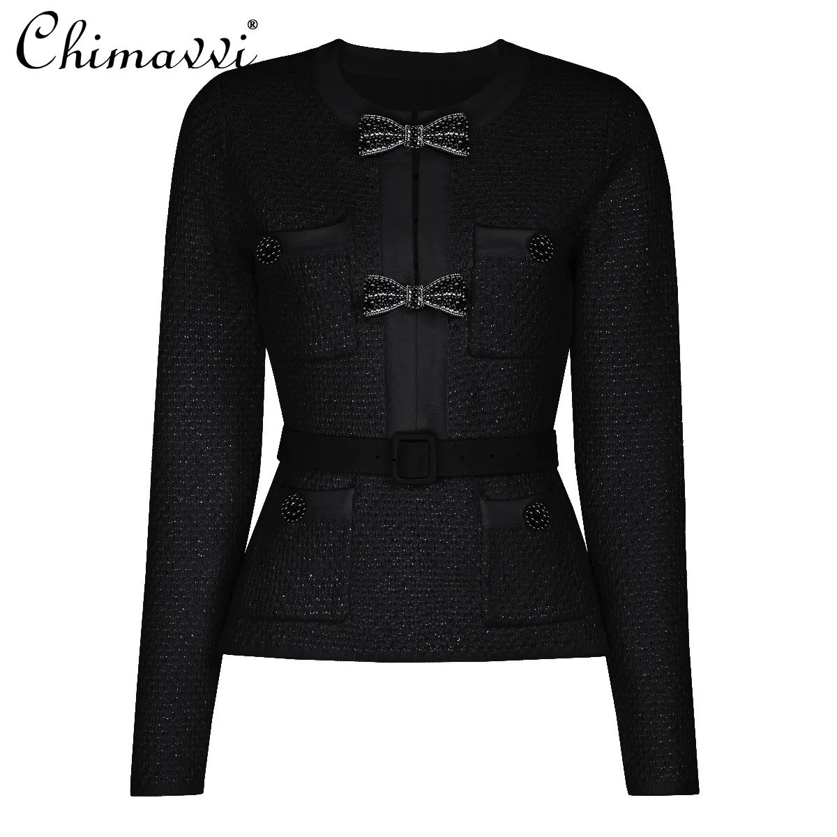 Autumn Clothes Heavy Bow Beaded Slimming Long Sleeve Knitted Top Skirt Set Elegant Black Women TwoPiece 251110