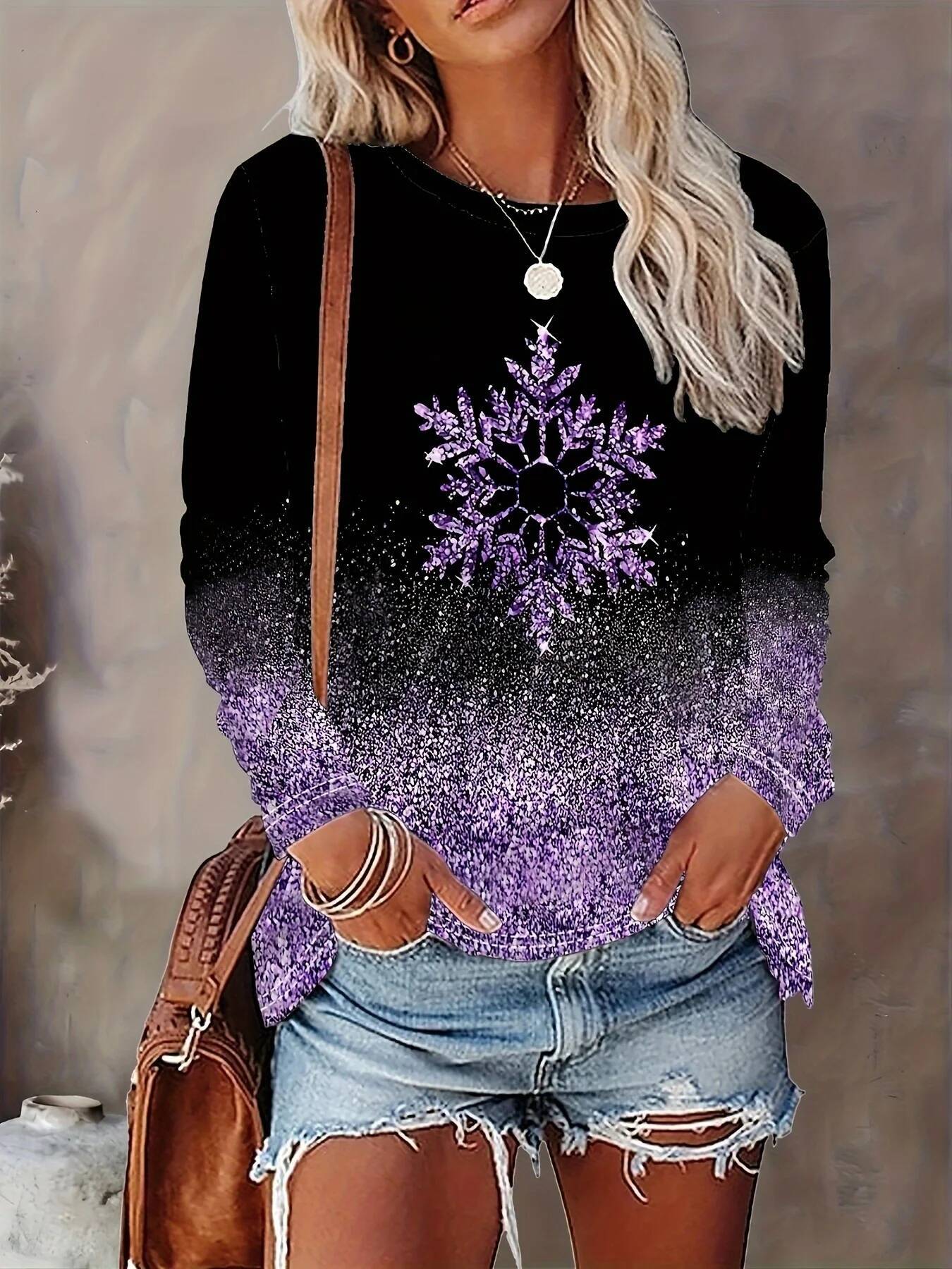 Ddmytues Christmas Theme Snowflake 3D Print O-Neck Long Sleeve T-Shirt Fashion Women Casual Y2k Clothes Haruku Female Clothing