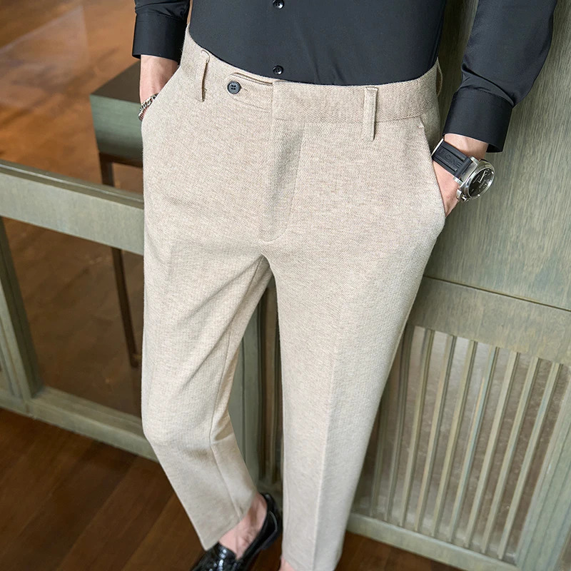 Mens fallwinter wool plush tweed casual suit pants color beige grey size 2938 251110