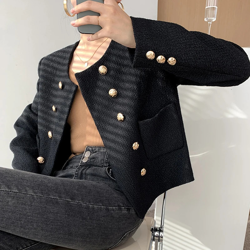 ITOOLIN Women Tweed Office Elegant Coat Pockets Doublebreasted Cardigan Jackets Solid Streetwear Long Sleeve Autumn Winter 251110