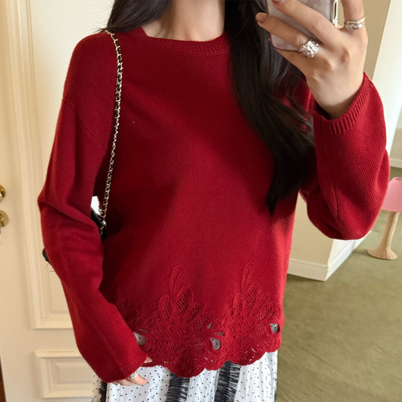 Luxury Designer Women's Wool Blend Embroidered Lace Sweater Round Neck Long Sleeve Loose Knit Pullover Multiple Colors Fall Winter New Arrival So