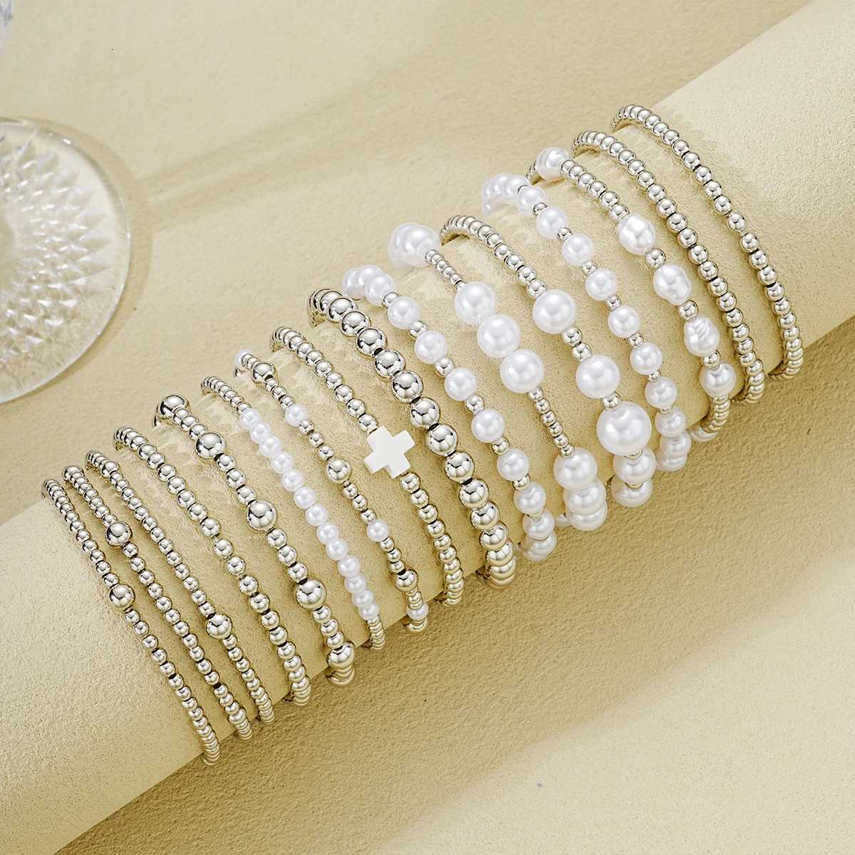 16Pcs/Set Vintage Silver Color Beaded Bracelet Sets For Women Elegant Imitation Pearl CCB Cross Bracelets Female HipHop JewelryT251110
