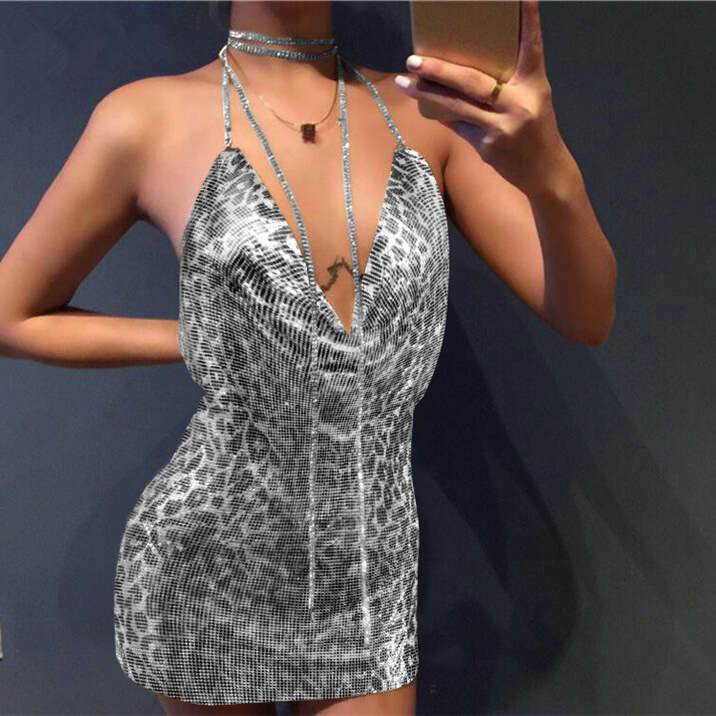 Women's Clothing Metallic Sequin SEXY DRESSES FOR WOMEN Sweet and Spicy Style Night club dress Rhinestone Hanging