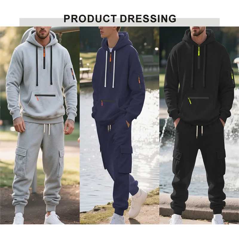 Mens Fleece Tracksuit Half-Zip Hooded Sweatshirt Set Drawstring Waist Multi-Pockets for autumn and winter Casual Outdoor Home W251110