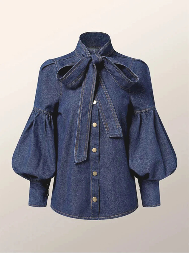 Gymstars trend s denim shirt top womens long puff sleeves bow tie high neck womens autumn shirt 250409