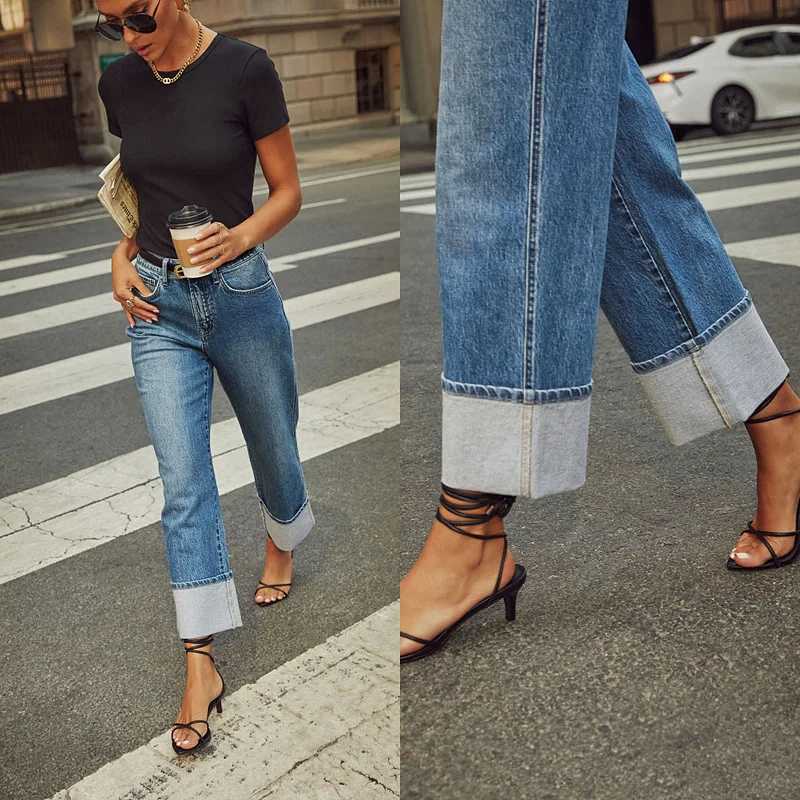 Women Jeans 2024 Autumn Stretch Straight Pants Pockets High Waist Vintage Distressed Denim Ankle Length Trousers Casual Denims C251110