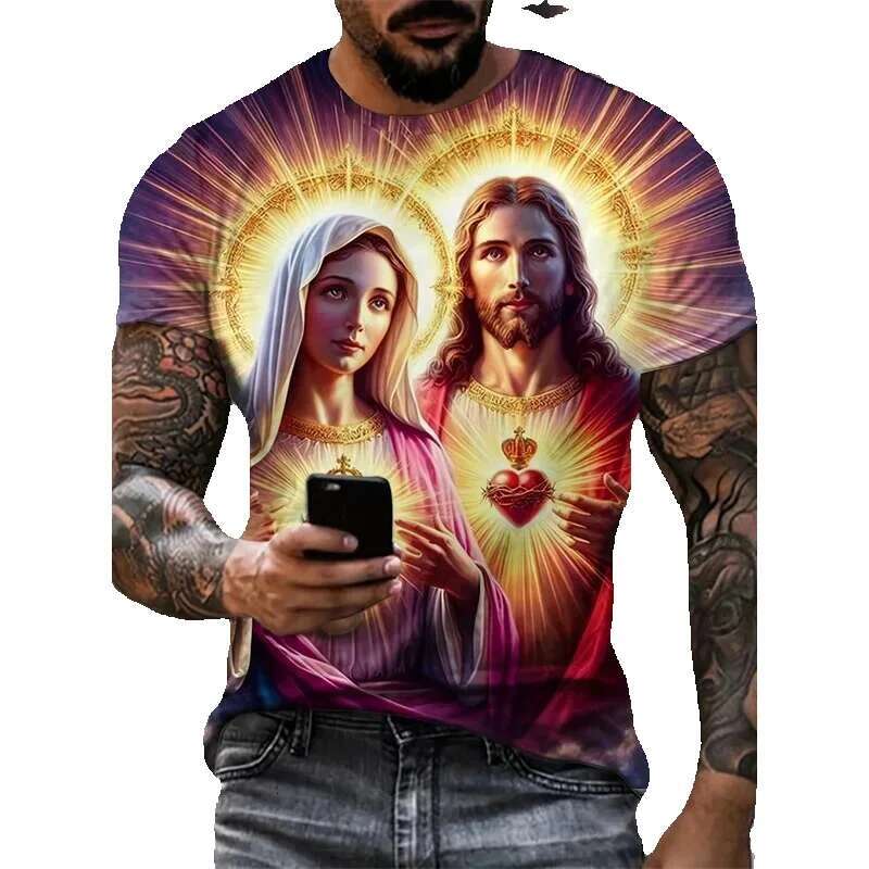 Men's printed short sleeved T-shirt, round neck, quick drying, casual, sporty, plus size, comfortable, summer fashion, Jesus Saint Mary's