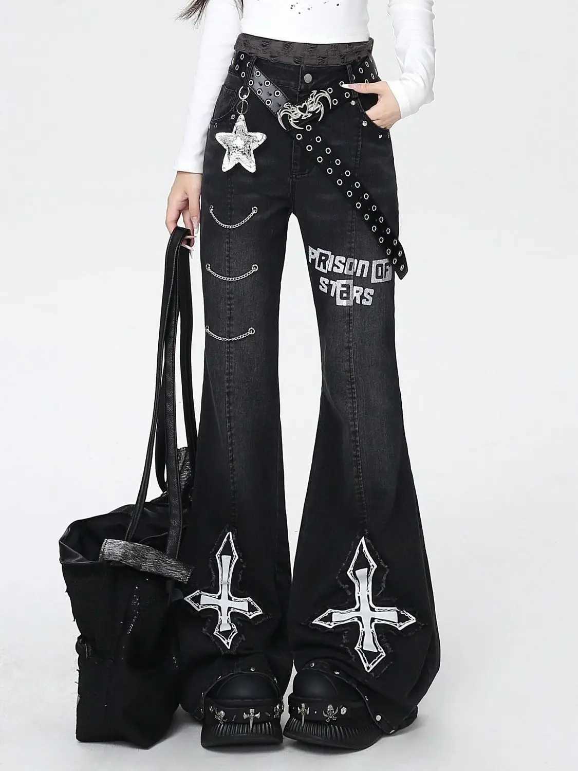 American Women Jeans Y2k Aesthetic Chain Autumn Vintage Slim Harajuku Letter Flare Long Trouser Cross Denim Pants Female Jogger C251110