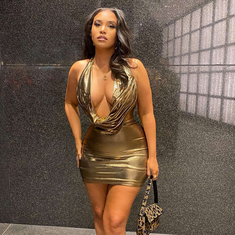 New Style gold SEXY DRESSES FOR WOMEN Hot Girl Trendy Swing Neck Halter Solid Color Sequin Bodycon Short Night club maxi dress