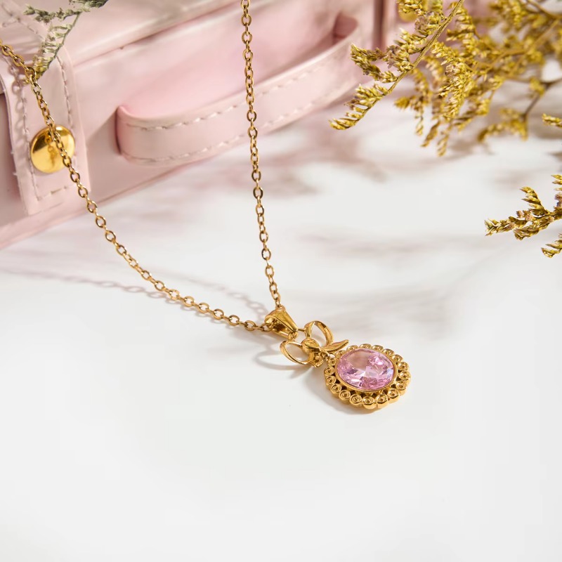 Jewellery High Quality Vintage Dainty Pink Gemstone Bow Pendant Necklace with Oval Cut Zircon Court Style for Special Occasions Gift Textured Elegant 