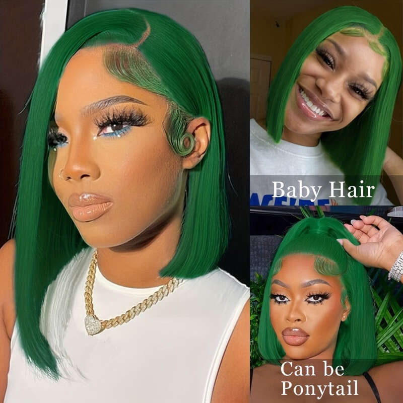 Colored 13X4 180% Density Dark Green Bob Wig Straight Lace Front Human Hair Wigs For Women