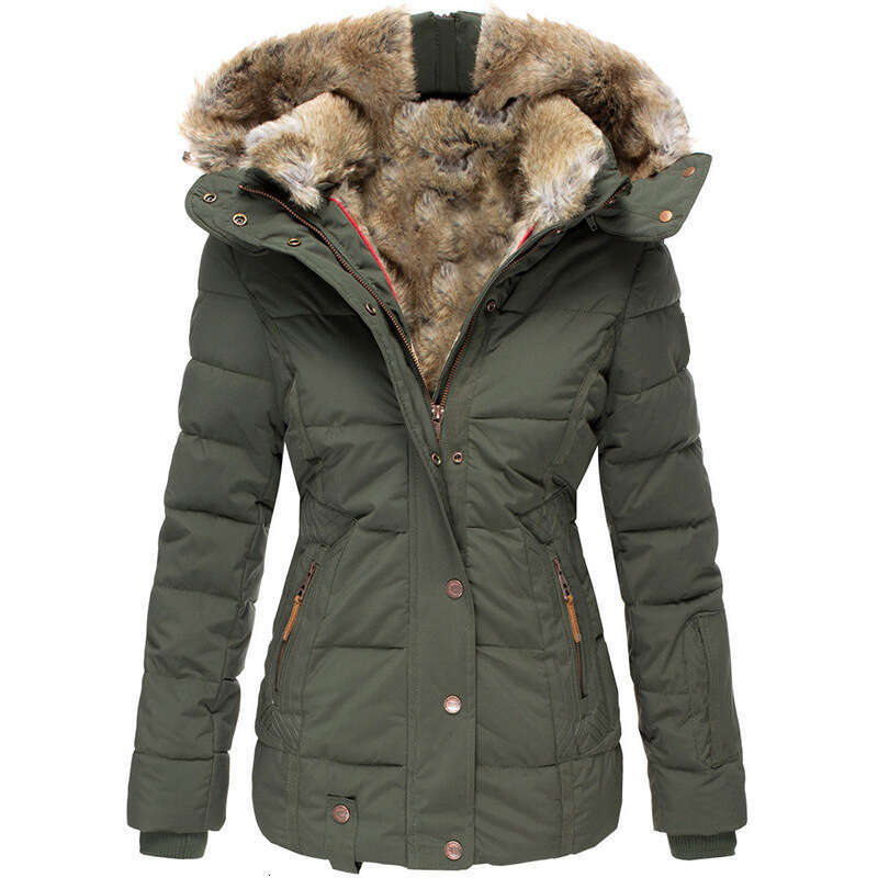 New Winter Warm Fur Collar Jacket for Women Zipper Long Sleeve Slim Fit Cotton Coat with Hood