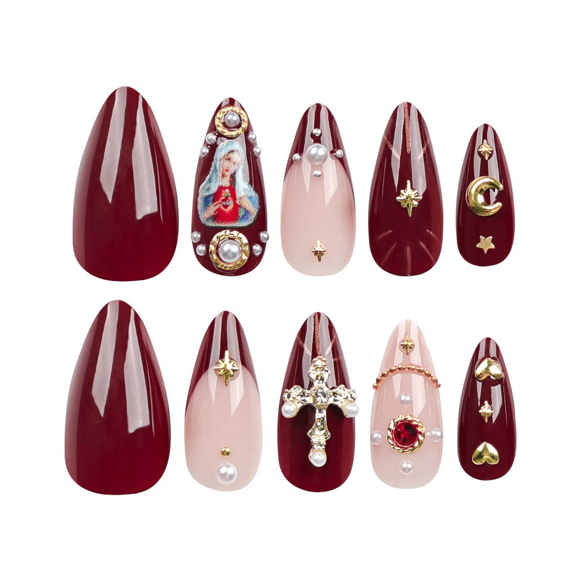2024 New Ramadan Style Fake Nail Golden Moon Star Design Almond French Fake Nail Patch Full Cover Detachable W250410