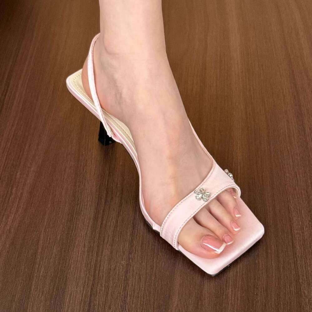 Pink Square Toe Rhinestone sling back Sandals for Women 2025 Designer Shoe Fall Fashion Comfortable kitten heels
