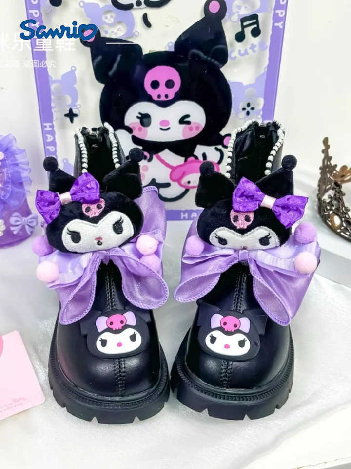 Sanrio Winter Kuromi Anime Ins Kawaii Children Leather Boots Autumn Winter Cute Cartoon Fleece Waterproof Warm Cotton Shoes Gift H251110