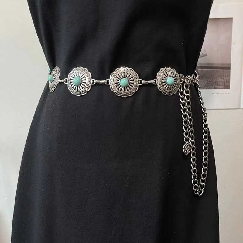 Western Concho turquoise belt suitable for Wenbo River adjustable silver stone chain belt gold belt denim dress jeans X250410