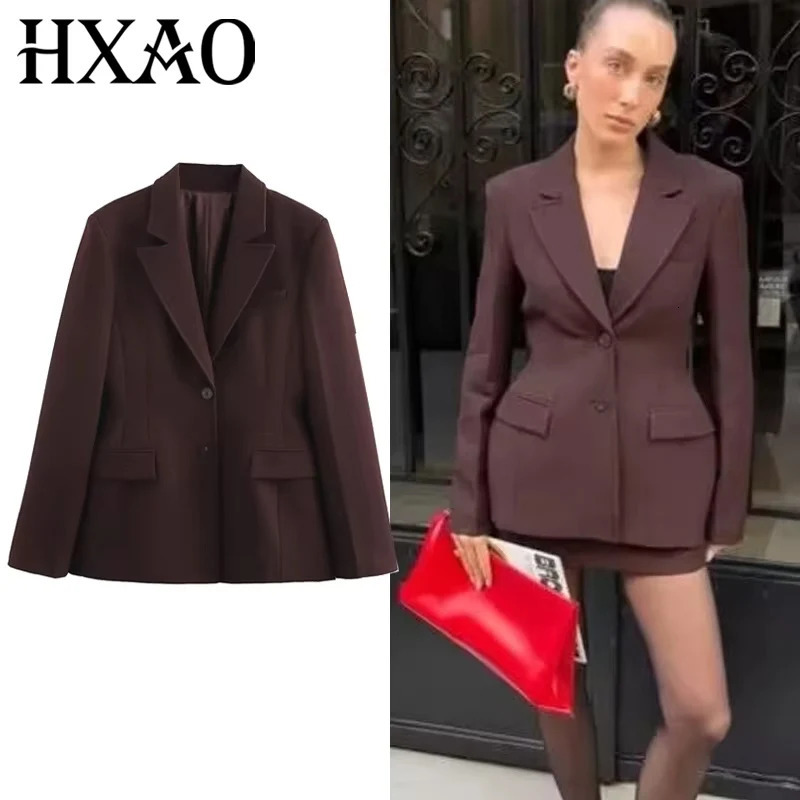 HXAO Womens Blazer Office Wear Brown Woman Spring Long Sleeve Fitted Commute Button Elegant Women Blazers 251110