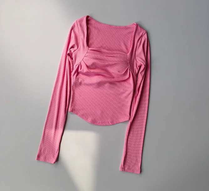 Sexy yoga set with chest cushion suitable for weight loss long sleeved womens sports running Pila Speed dry fitness top T-shirtXJ250410