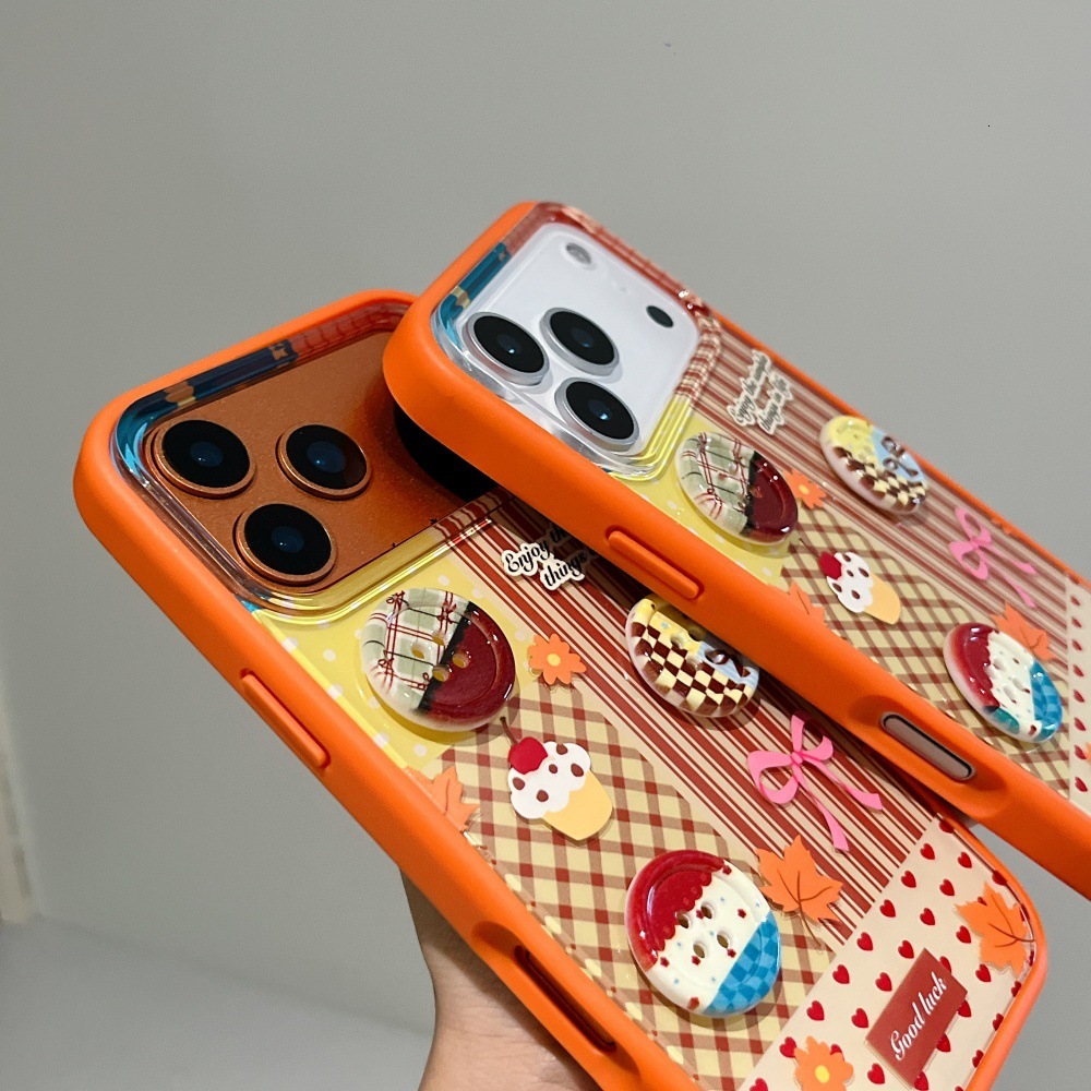 Button Stripe Phone Case Compatible with iPhone 17/16 Pro Max Autumn and Winter Cartoon Protective Cover iPhone 15/14 Shockproof