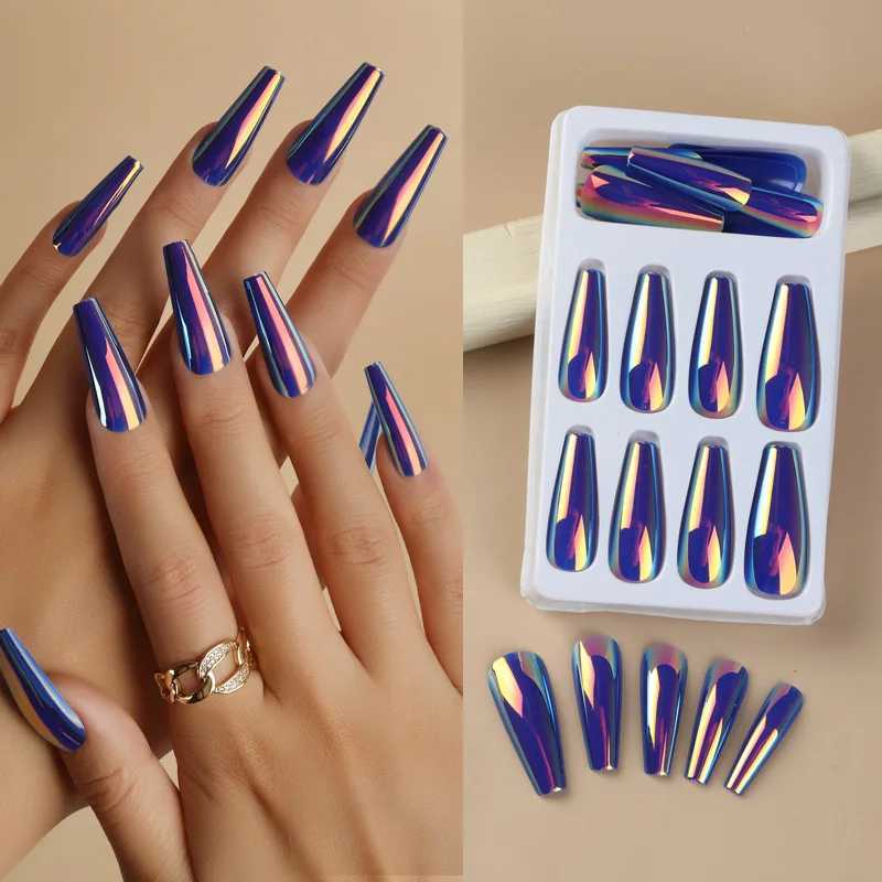 Pinpai 24 piece mirror effect long coffin pressing fake nail set with adhesive full cover artificial fake nail art tip set W250410
