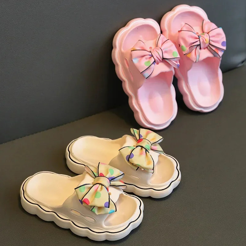 Childrens summer slippers girls fashionable bow wear-resistant opening and closing anti slip casual shoes simple childrens outdoor platform beach shoe
