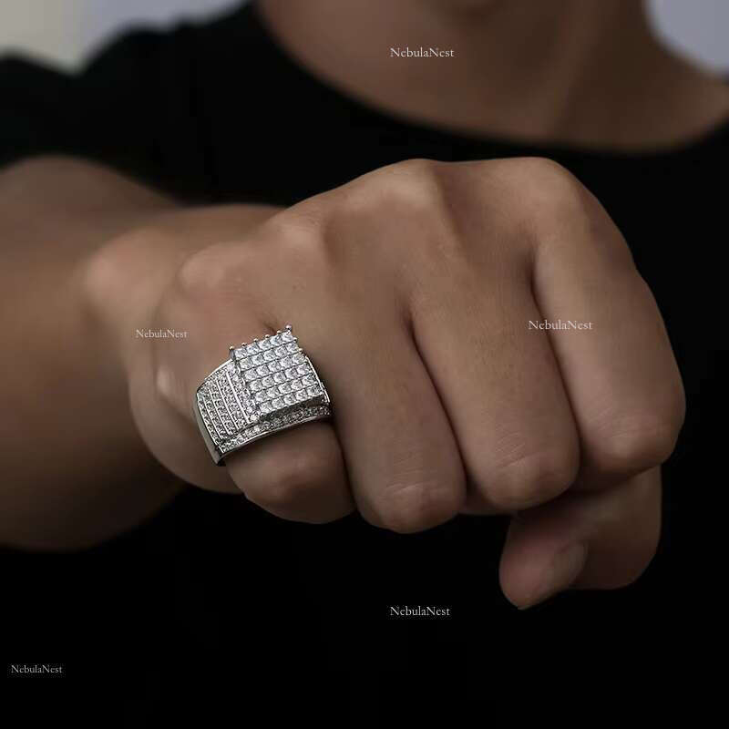 Custom Men's Classic Square Wedding Hip Hop Style Sier with GRA Certificate D Color Moissanite Ring