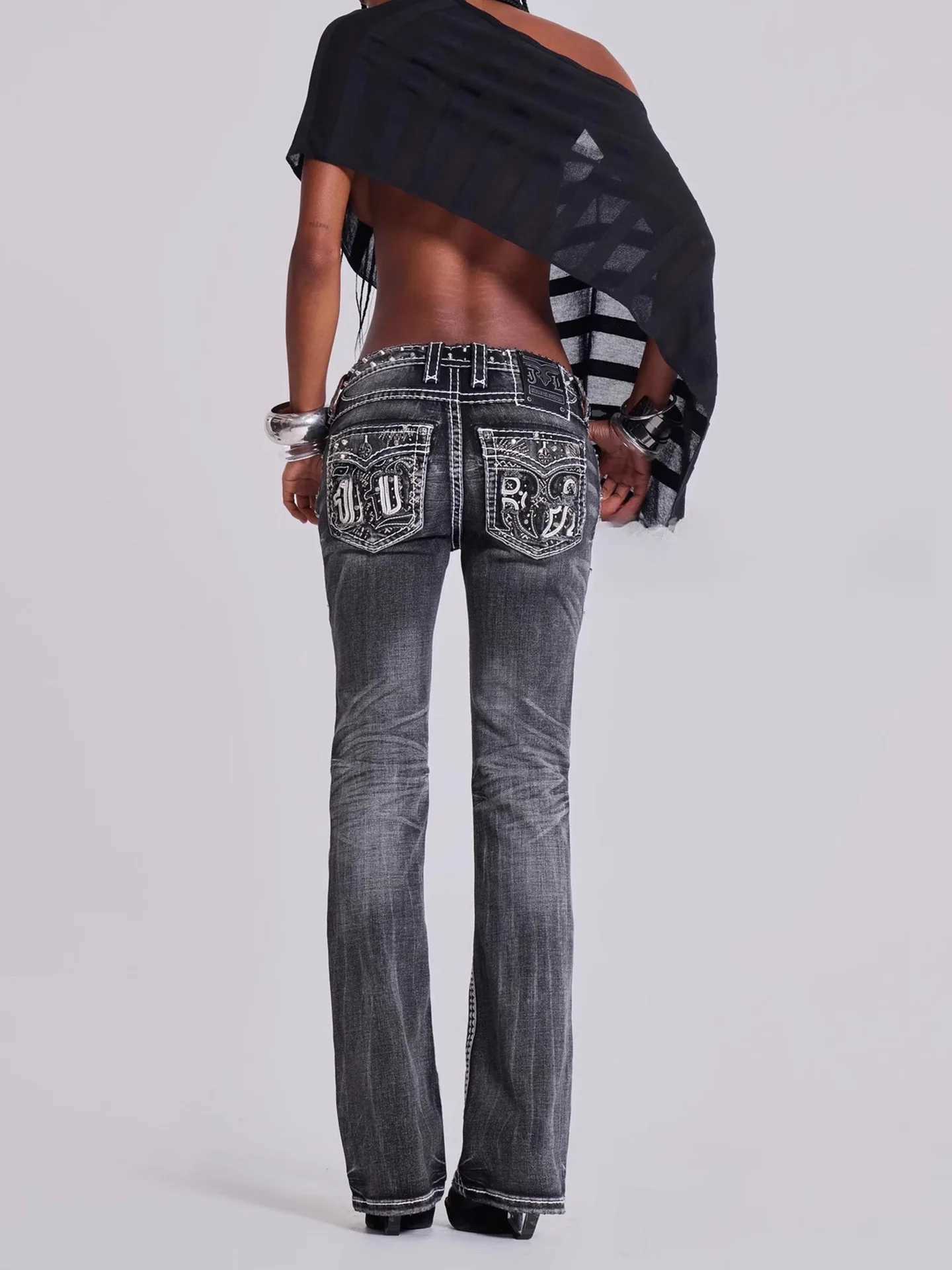 Women Vintage High Street Low Rise Flared Jeans 2025 Autumn Bell Bottom Y2k Goblin Core Harajuku Skinny Denim Pants Streetwear C251110