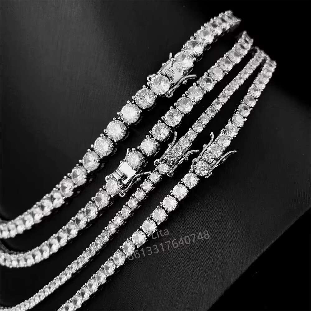 925 Sterling Silver Rhodium Plated 8mm Round Cut Hip-hop Iced Out Vvs Moissanite Tennis Chain