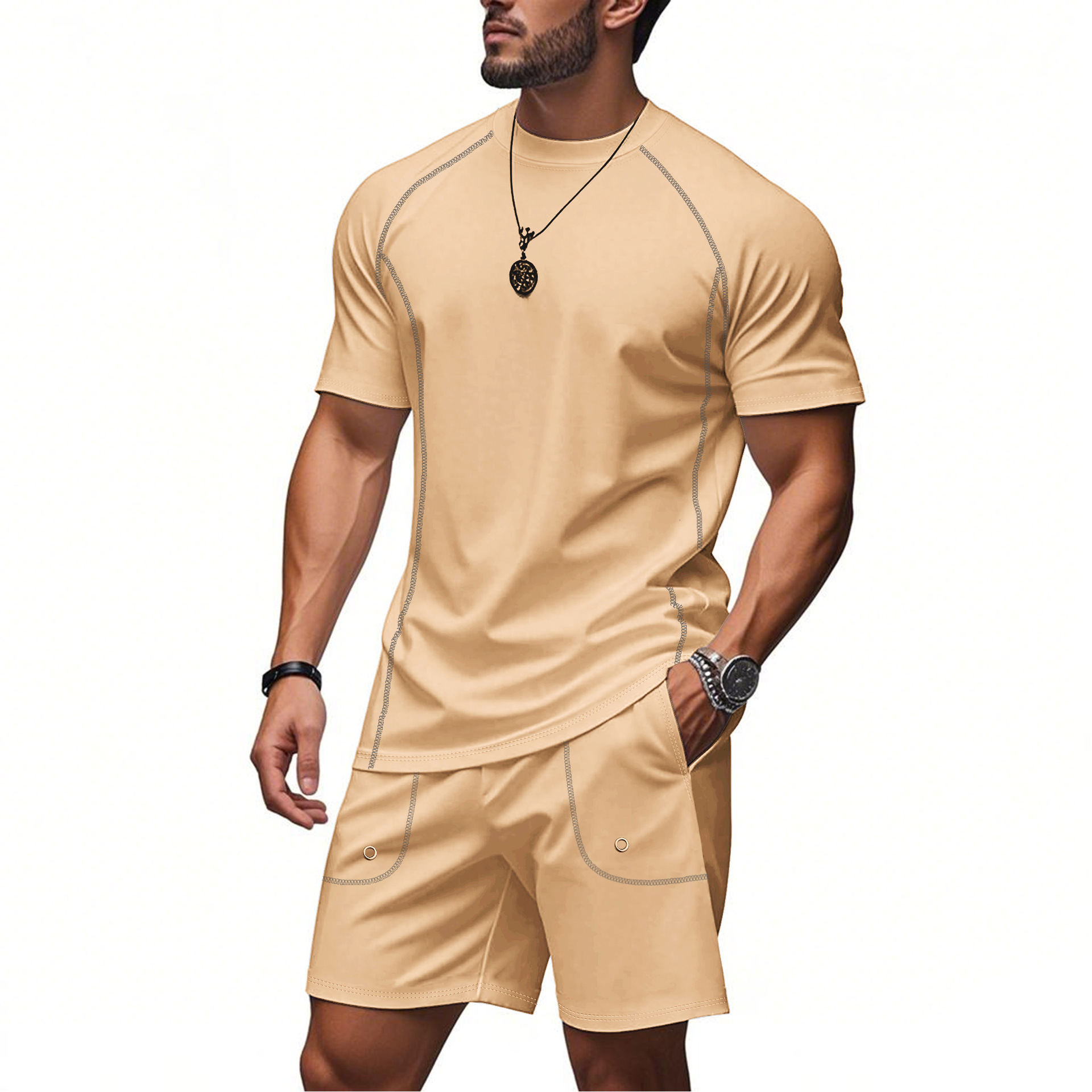 2025 cross level summer new style mens running fitness tight fitting suit set training short sleeved shorts set