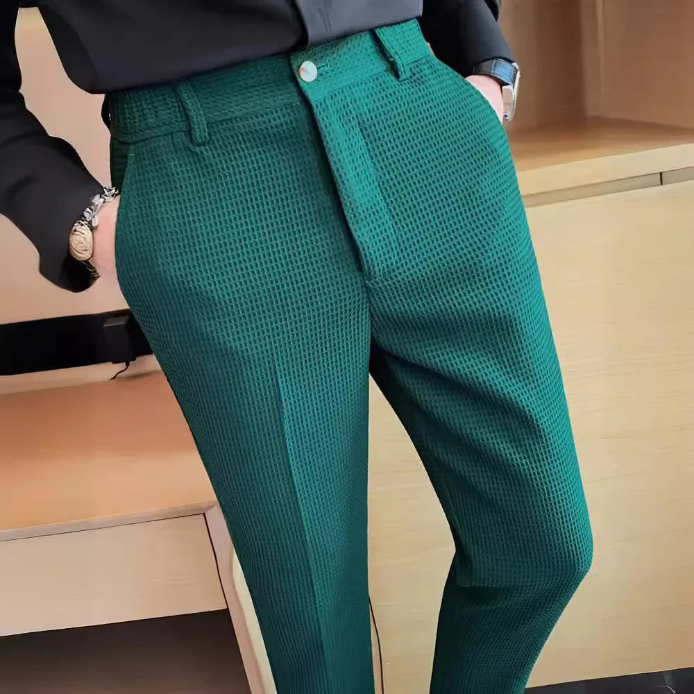 Mens Trendy High-end Feelslimming Plaid Suit Pants Casual Business Straight-leg Pants For Summer Lightweight Breathable 250409