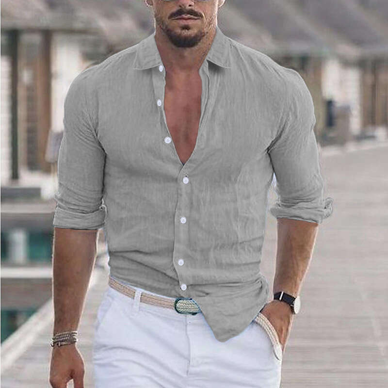 2025 New Men's Summer Cotton Linen Turn-down Collar Beach Shirt Long Sleeve Solid Color Hawaiian Holiday Clothing