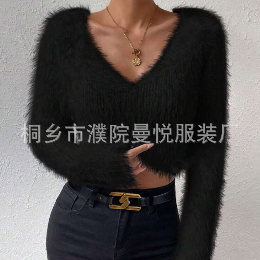 European and American Cross-Border Amazon Autumn Winter New Style Independent Station Solid Color V-Neck Slim Fit Versatile Fuzzy Short Women's S