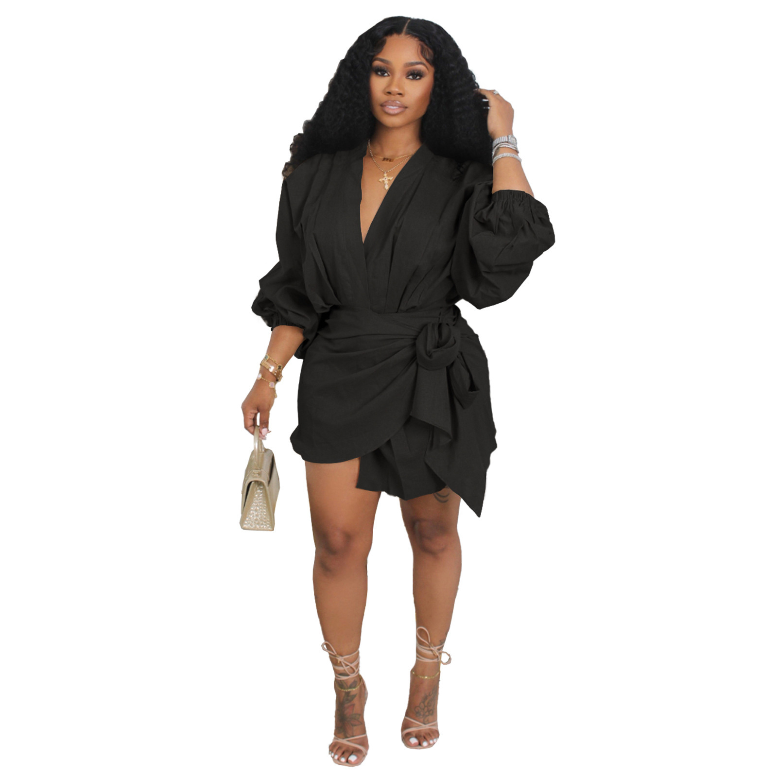 M46Elegant One-Color Patchwork V-Neck Wrap Dress with Ruffle Detail