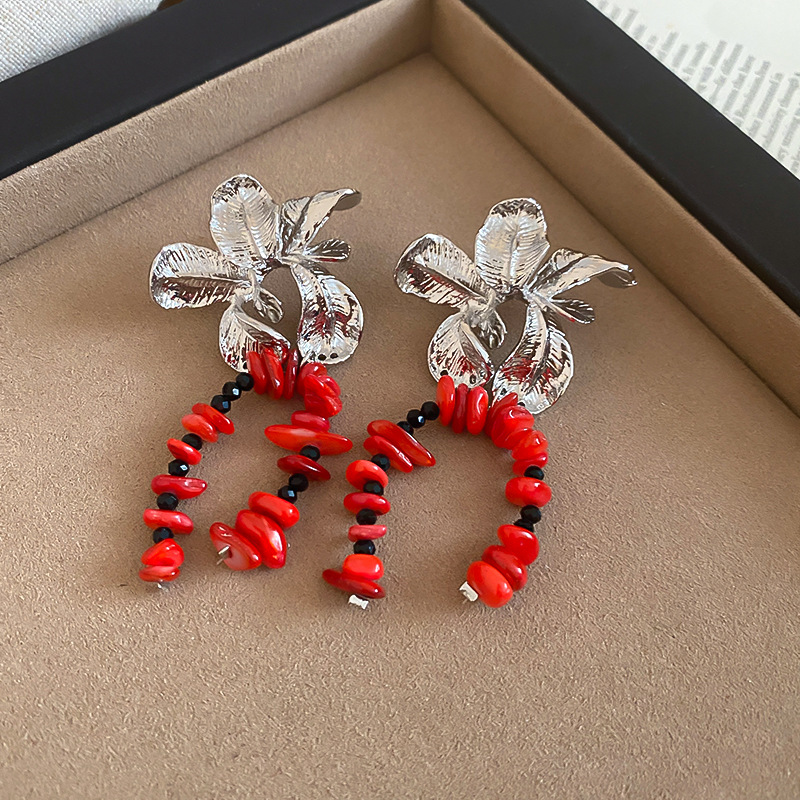 Silver Needle Texture Flower Shell Tassel Light Luxury Niche Design European and American Cross-Border Exaggerated Earrings for Women