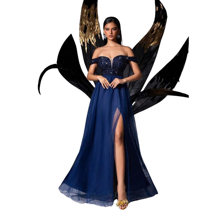 Women's Elegant Banquet Sequin Evening Gown, Off-Shoulder Side Slit A-Line Maxi Dress, Available in Royal Blue/Pink Apricot/Light Blue/Wine Red--