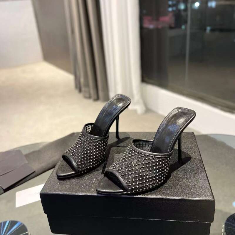 Guangzhou High-Quality 2024 Spring Summer New Rhinestone Mesh Peep-Toe Genuine Leather Sole Stiletto Heel Sandals For Women