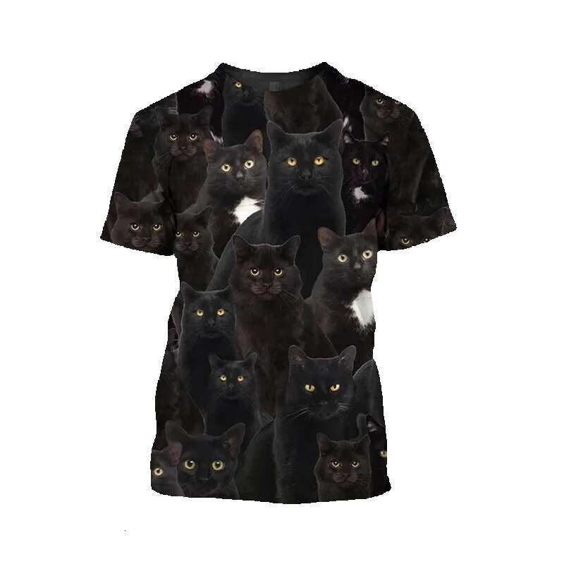 Men's short sleeved round neck T-shirt, unisex casual clothing, 3D black cat pattern print