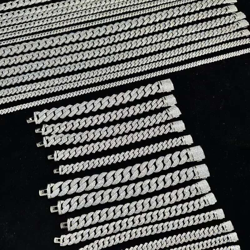 Wholesale 8-12mm VVS Moissanite Diamonds White Gold Plated 925 Silver Miami Iced Out Cuban Link Chain Mens Hip Hop Necklace