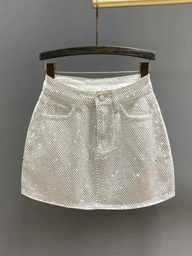 DEAT Womens Denim Skirt All Diamond Ultra Thin High Waist Black Aline Package Hip y Mini Spring Fashion 29L1188 250410