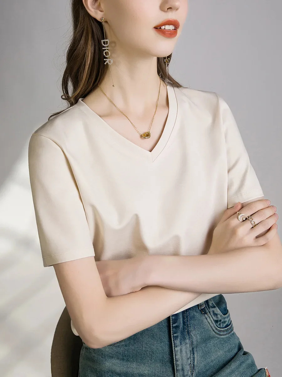 Summer cool liquid ammonia silk cotton short sleeved womens T-shirt basic texture oversized top T-shirt 250410