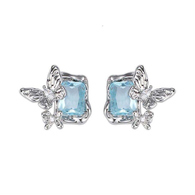 Original Exquisite Blue Zircon Butterfly for Women Geometric Square Simple Design Sweet Cool Style Personality Earrings