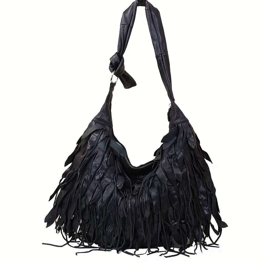 Cross Border Hot Selling Manufacturers Spot Leather Ladies Black Striped Tassels Personality Hobo Shoulder Sheepskin Women Bag
