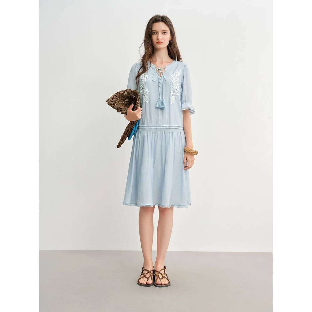 DUSHU Tassel Strap Embroidered 2025 Summer New Arrival Midi Dress 25Ds82898