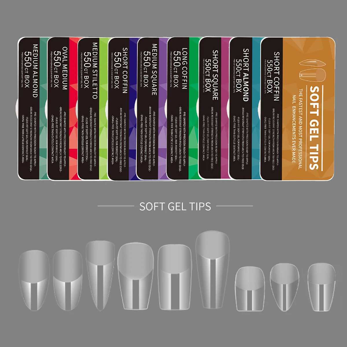 550Pcs frosted soft gel full cover nail tip size gel nail extension false nail artificial nail with nail salon shell W250410