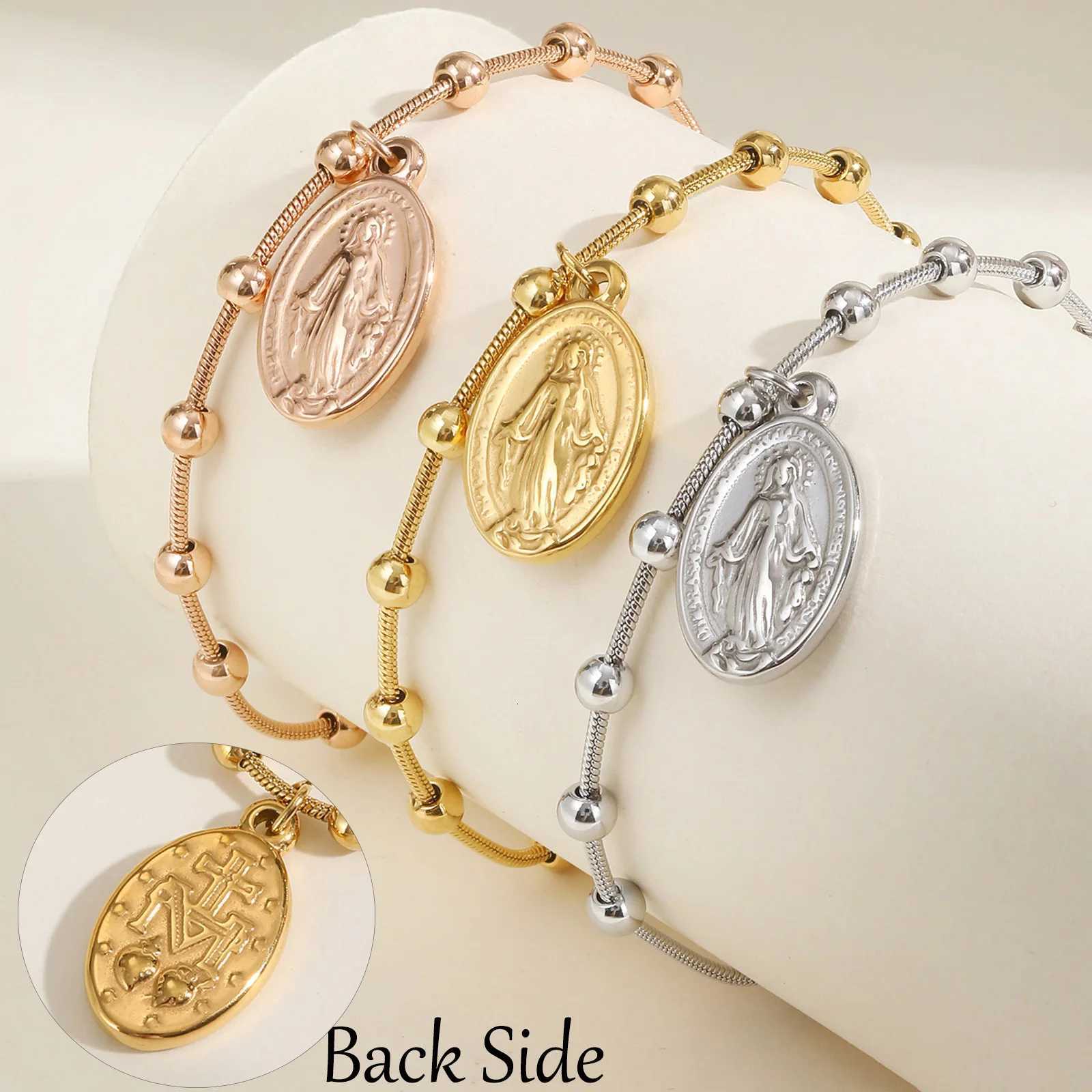 Vnox Double Sides Women Rosary BraceletsGold Plated Stainless Steel Religious Prayer Charm BraceletCross Virgin Mary BraceletsT251110