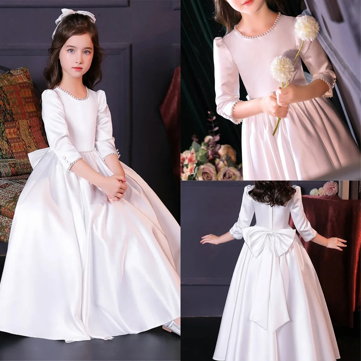 Cute white satin flower girl wedding dress princess bow childrens birthday party evening custom dress 250403