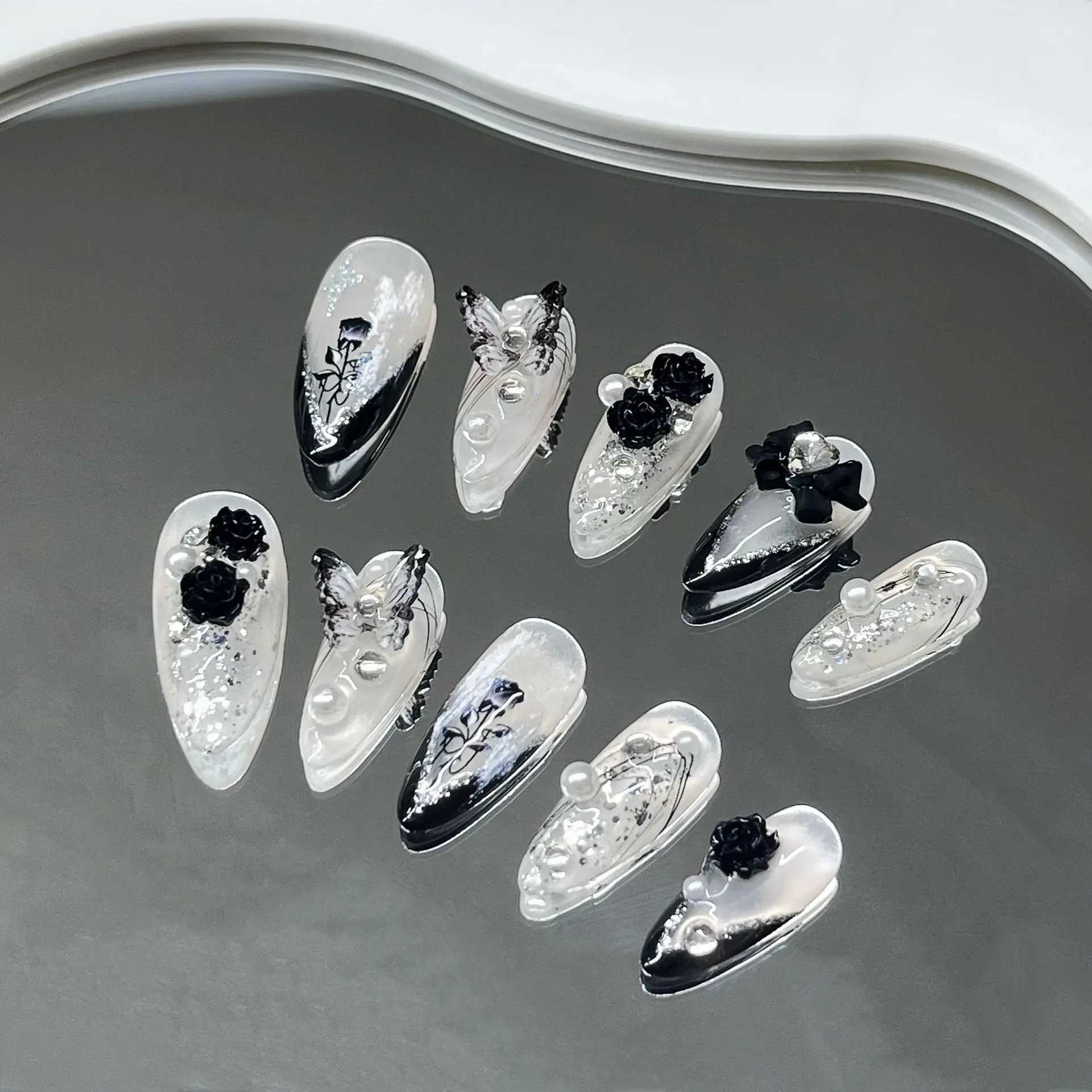 Hand pressed 3D nail black rose fake nail Ins almond fake nail patch ballet dancer nail decoration skills W250410