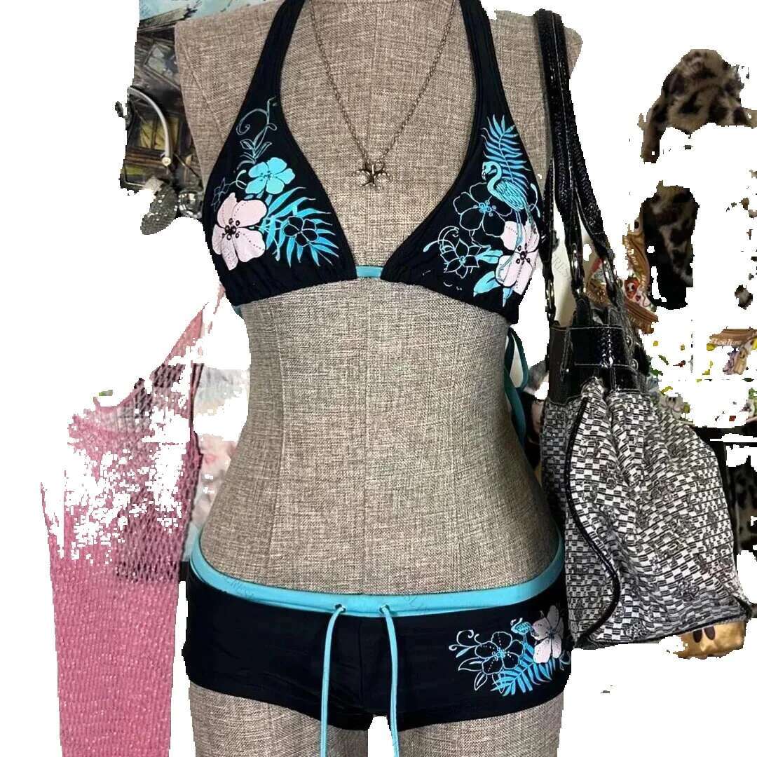 Retro printed women's swimsuit, 2-piece set, bikini, sexy, suspender straps, fashionable, beachwear, commercial street, 2000
